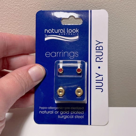 July (Ruby) Birthstone Earrings (R) | gold plated surgical steel | NEW - Picture 2 of 5